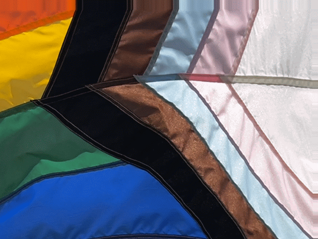 Animated GIF of a Progress Pride flag snapping in a fresh breeze.