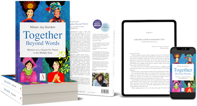 Promotional image showing Nitsan Joy Gordon’s Together Beyond Words book on paper, on a tablet, and on a phone.