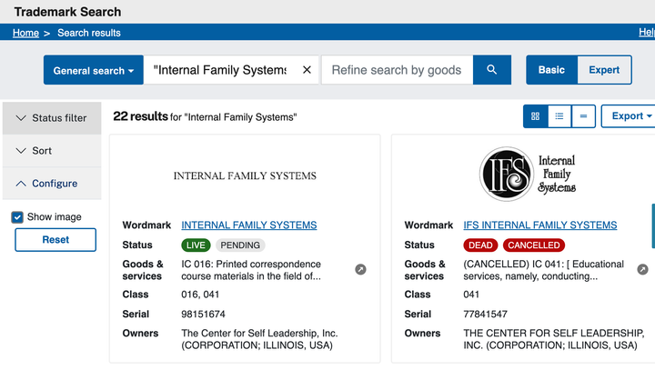 A screenshot of the U.S. Patent and Trademark Office's website, showing a search for Internal Family Systems.