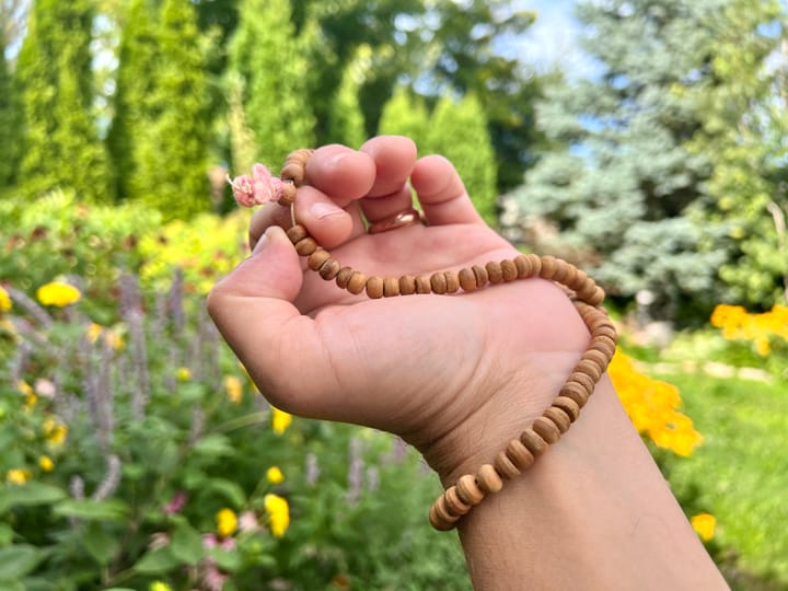 My father’s prayer beads, photographed in my garden on August 11, 2024.