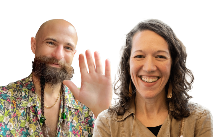 A bald white man with a braided beard smiles and waves; a white woman with brown hair smiles.