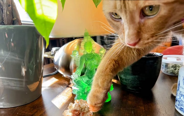 An orange cat walks past a small translucent statue of Green Tara, the goddess of compassion.