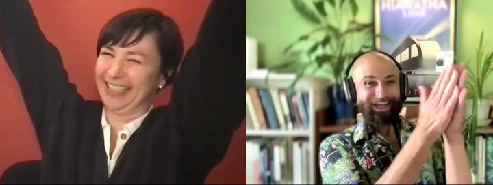 Two people express joy in Zoom windows!